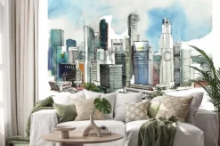 Naklejka: Panoramiczny szkic akwarela miasta singapur. skyline sylwetka