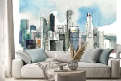 Naklejka: Panoramiczny szkic akwarela miasta singapur. skyline sylwetka