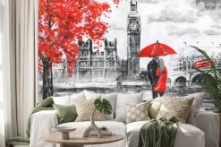 Naklejka: Para z parasolką na tle big bena i czerwonego autobusu
