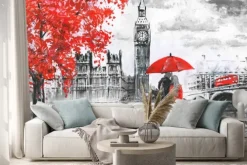 Naklejka: Para z parasolką na tle big bena i czerwonego autobusu