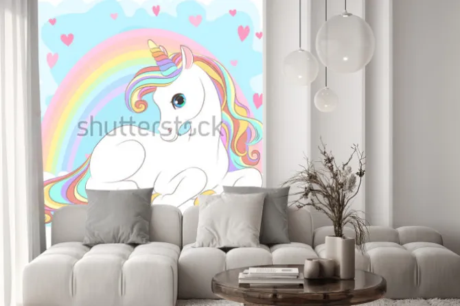 Naklejka: Pastelowy jednorożec z tęczą i serduszkami