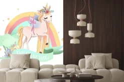 Naklejka: Pastelowy jednorożec na tle tęczy dla dzieci