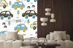 Naklejka: Pattern with cars. hand drawn autos on the road. scandinavian