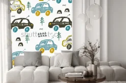 Naklejka: Pattern with cars. hand drawn autos on the road. scandinavian