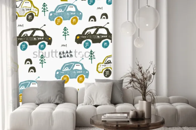 Naklejka: Pattern with cars. hand drawn autos on the road. scandinavian