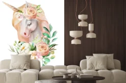 Naklejka: Piękny, ładny, akwarela jednorożca głowy z kwiatami, kwiatowy