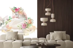 Naklejka: Piękny, uroczy, akwarela marzy jednorożca na chmurze z kwiatami,