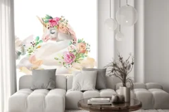 Naklejka: Piękny, uroczy, akwarela marzy jednorożca na chmurze z kwiatami,