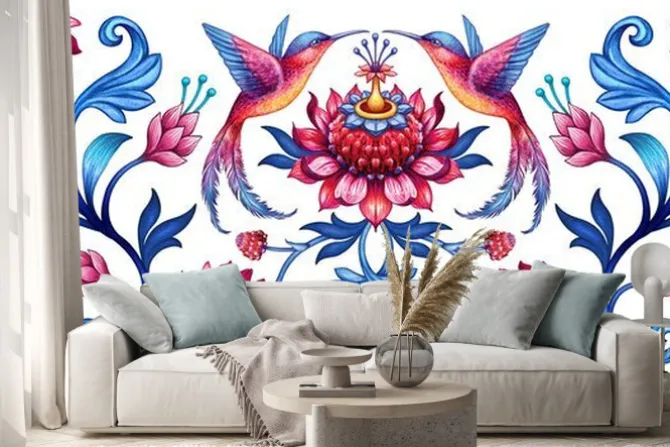 Naklejka: Ptaki wśród czerwono-niebieskich kwiatów