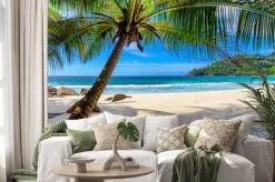 Naklejka: Rajska tropikalna plaża z palmami i białym piaskiem