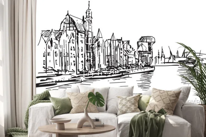 Naklejka: Ręcznie rysowany widok motławy w gdańsku