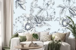 Naklejka: Róże i wiosenne kwiaty wzór. rysunek graficzny, styl grawerowania.