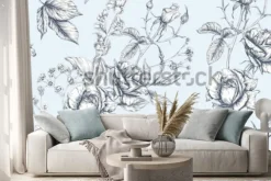 Naklejka: Róże i wiosenne kwiaty wzór. rysunek graficzny, styl grawerowania.