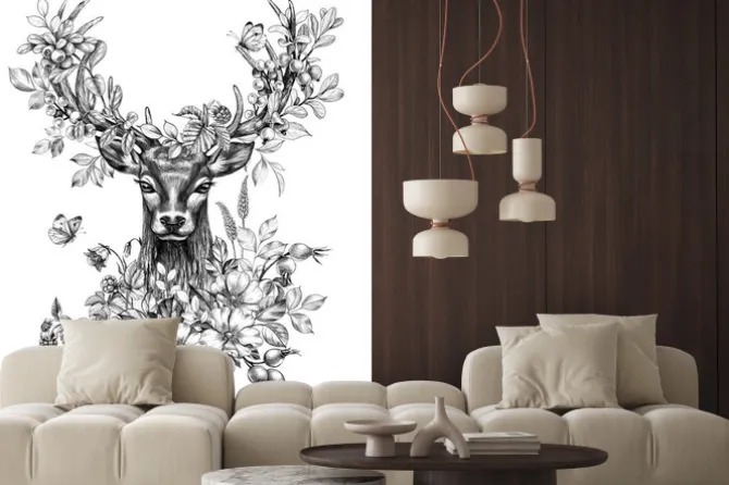 Naklejka: Rysunek ołówkiem jelenia z kwiatami i jagodami