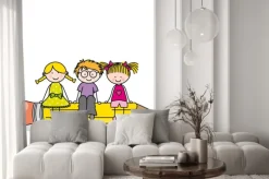 Naklejka: Rysunkowe dzieci siedzące na żółtym ołówku