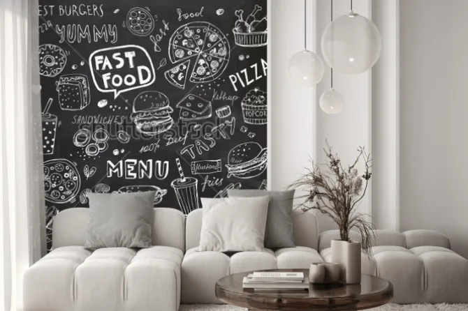 Naklejka: Rysunkowe menu fast food na ciemnym tle