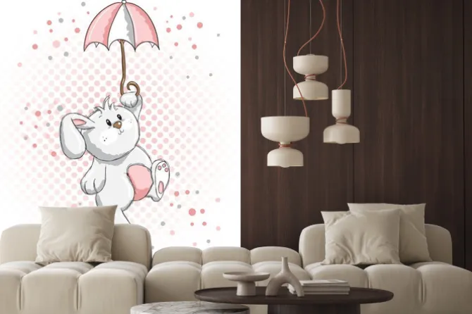 Naklejka: Rysunkowy królik z parasolką na tle kropek