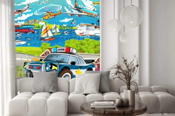 Naklejka: Scena kreskówki z samochodu policyjnego jazdy po mieście - samoloty