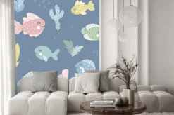 Naklejka: Sea life elements seamless pattern. fishes on a blue background.