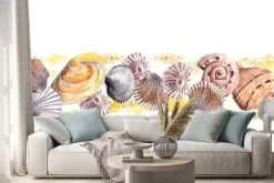 Naklejka: Seamless border wstążka z muszelek w piasku. ramka akwarela