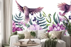 Naklejka: Seamless border of watercolor herbs, flowers and birds
