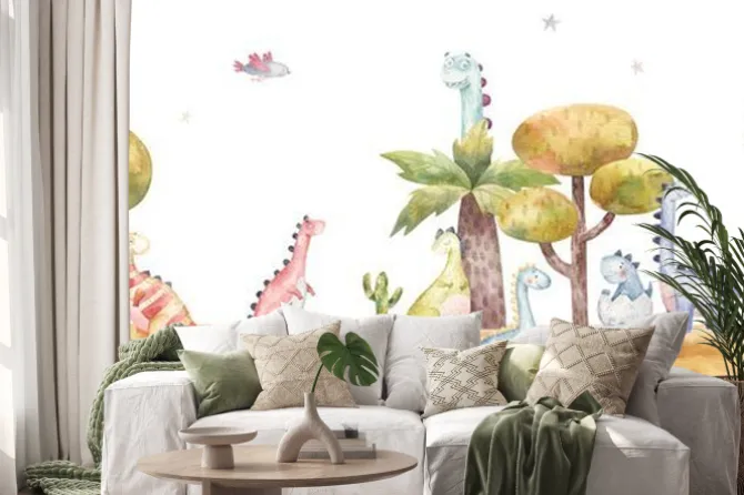 Naklejka: Seamless border pattern with dinosaurs in nature, trees, cacti,