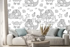 Naklejka: Seamless pattern with little lying mermaid, big fish, krabbe,