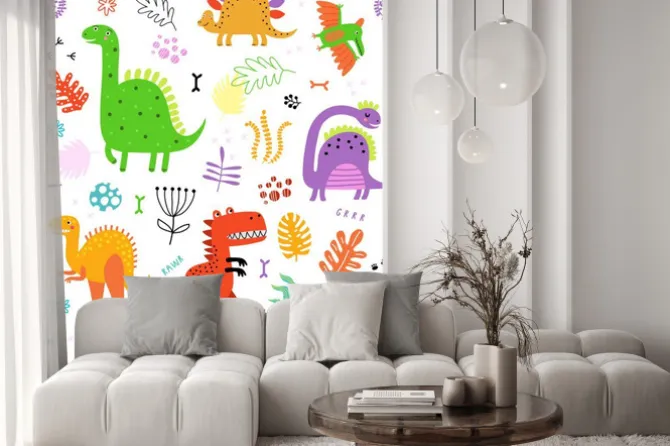 Naklejka: Seamless pattern with dinosaurs and flowers