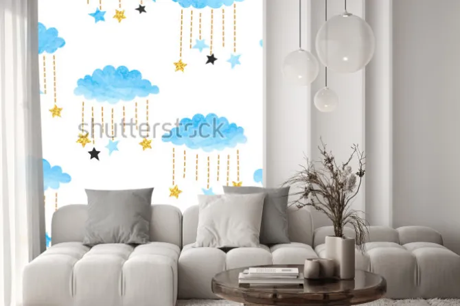 Naklejka: Seamless vector blue watercolor clouds and stars pattern.