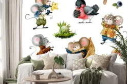 Naklejka: Set of cute christmas mice in cartoon style. watercolor christmas