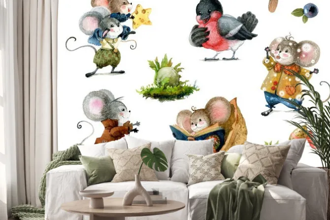 Naklejka: Set of cute christmas mice in cartoon style. watercolor christmas