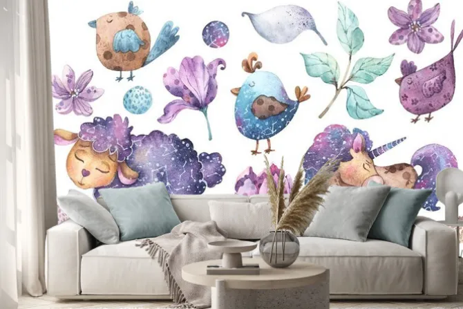 Naklejka: Set of hand painted watercolor illustrations cartoon style with