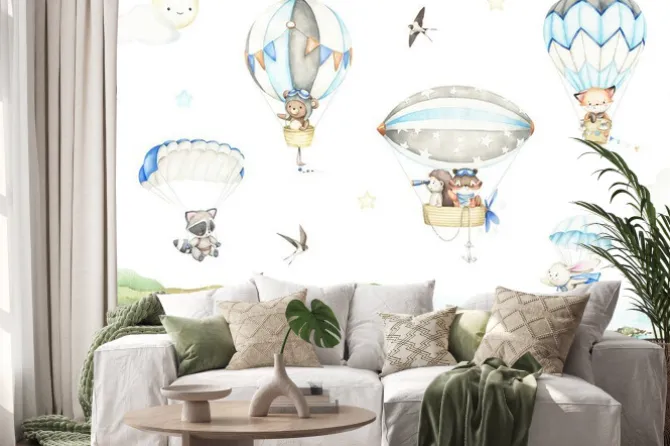 Naklejka: Skydiving, airship illustration. cute little wild animals flying