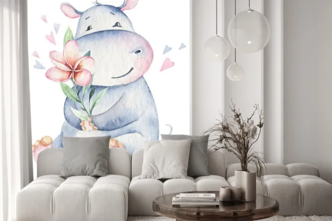 Naklejka: Słodki hipopotam z kwiatem