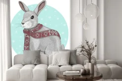 Naklejka: Słodkie królik z szalikiem tle zimowego