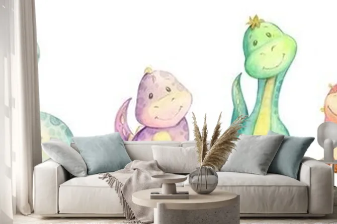 Naklejka: Słodkie rysunkowe dinozaury w pastelowych kolorach