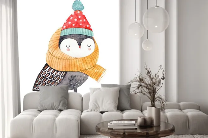 Naklejka: Sowa w zimowym ubraniu malowana akwarelą