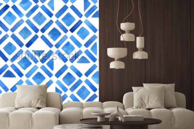 Naklejka: Streszczenie akwarela geometryczne dachówka. wzór w kolorze niebieskim