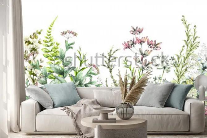 Naklejka: Subtelne dzikie zioła i kwiaty na białym tle