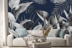 Naklejka: Szare tropikalne liście na granatowym tle