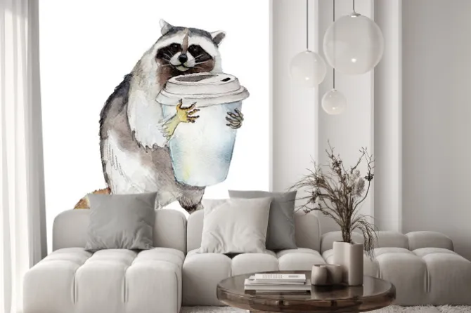 Naklejka: Szop z kawą na wynos