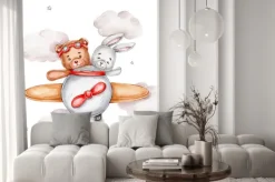 Naklejka: Teddy bear and bunny in airplane; watercolor hand drawn illustration;