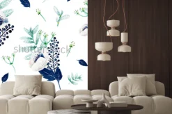 Naklejka: Texture consist of white anemones, blue leafs, white inflorescences