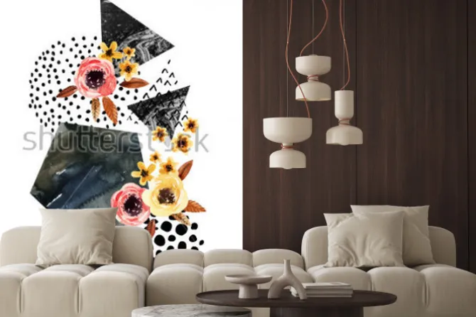 Naklejka: Tło jesień: spadające liście, kwiaty, elementy geometryczne.