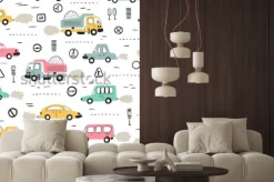 Naklejka: Tło kreskówka transport dla dzieci. wektorowy bezszwowy wzór