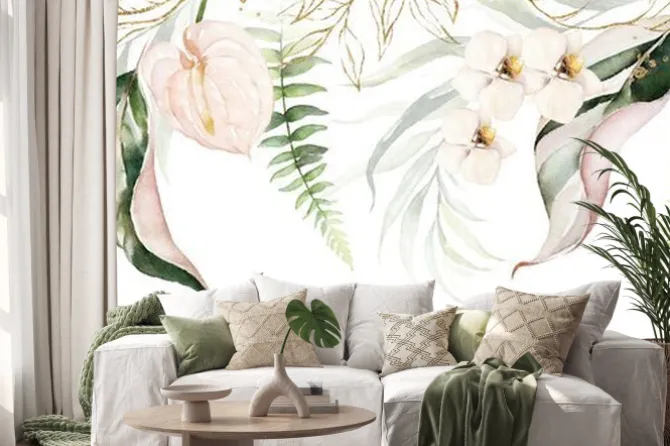 Naklejka: Tropikalne akwarelowe rośliny i kwiaty