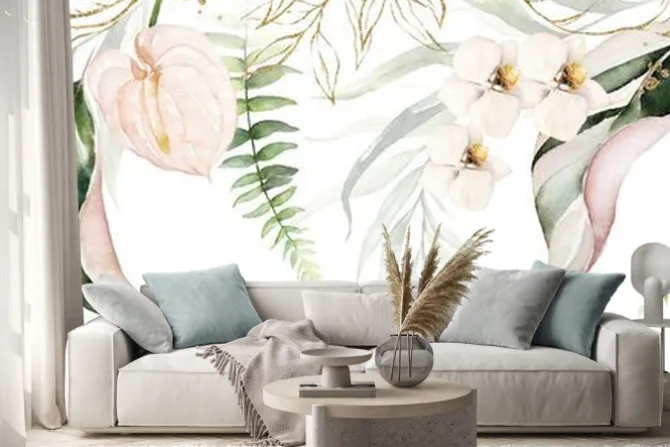 Naklejka: Tropikalne akwarelowe rośliny i kwiaty