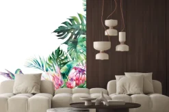 Naklejka: Tropikalne kwiaty i liście z latającym kolibrem