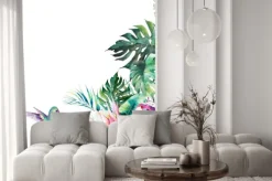 Naklejka: Tropikalne kwiaty i liście z latającym kolibrem