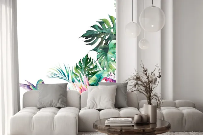 Naklejka: Tropikalne kwiaty i liście z latającym kolibrem